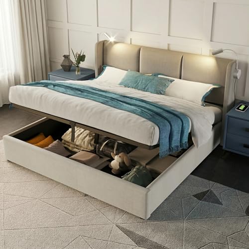 BAJKNIU Letto imbottito 160x200 cm con Contenitore idraulico, letto matrimoniale con illuminazione a LED e presa USB, Letto Contenitore, Letti Contenitore con rete a doghe, senza materasso