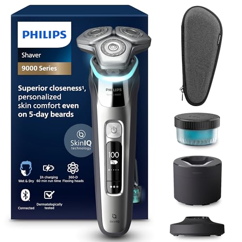 Philips Shaver S9000 - Rasoio elettrico Wet & Dry uomo, tecnologia Lift & Cut e SkinIQ, rifinitore a scomparsa, custodia per la pulizia, supporto di ricarica e custodia da viaggio (modello S9974/55)