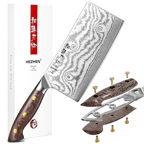 HEZHEN 18cm Mannaia per Carne Acciaio Damasco, Coltelli Mannaie da Chef Cinesi Professionale, Coltelli da Verdura Cinese, Coltelli da Cucina Multifunzionale, Manico in Micarta