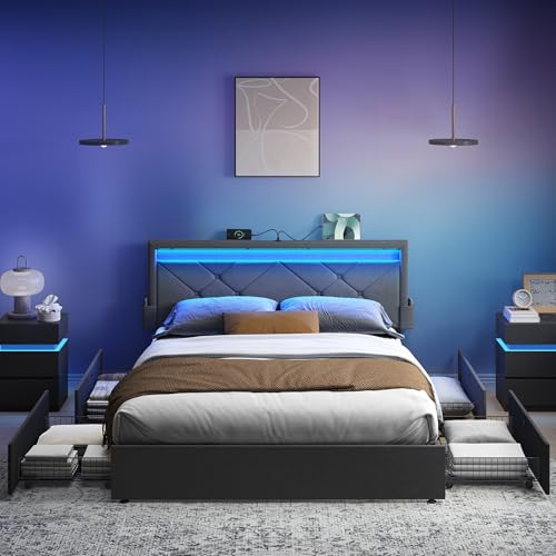 VASAGLE Struttura per letto matrimoniale, Struttura per letto, 160 x 200 cm, LED, Letto in metallo, 4 cassetti, Stazione di ricarica, Testiera imbottita regolabile, Grigio ardesia-Nero opaco RMB828G02