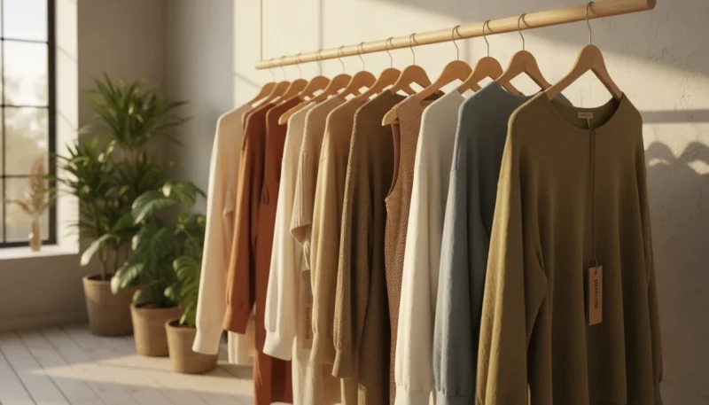 Abbigliamento sostenibile realizzato con tessuti ecologici appeso su grucce in legno
