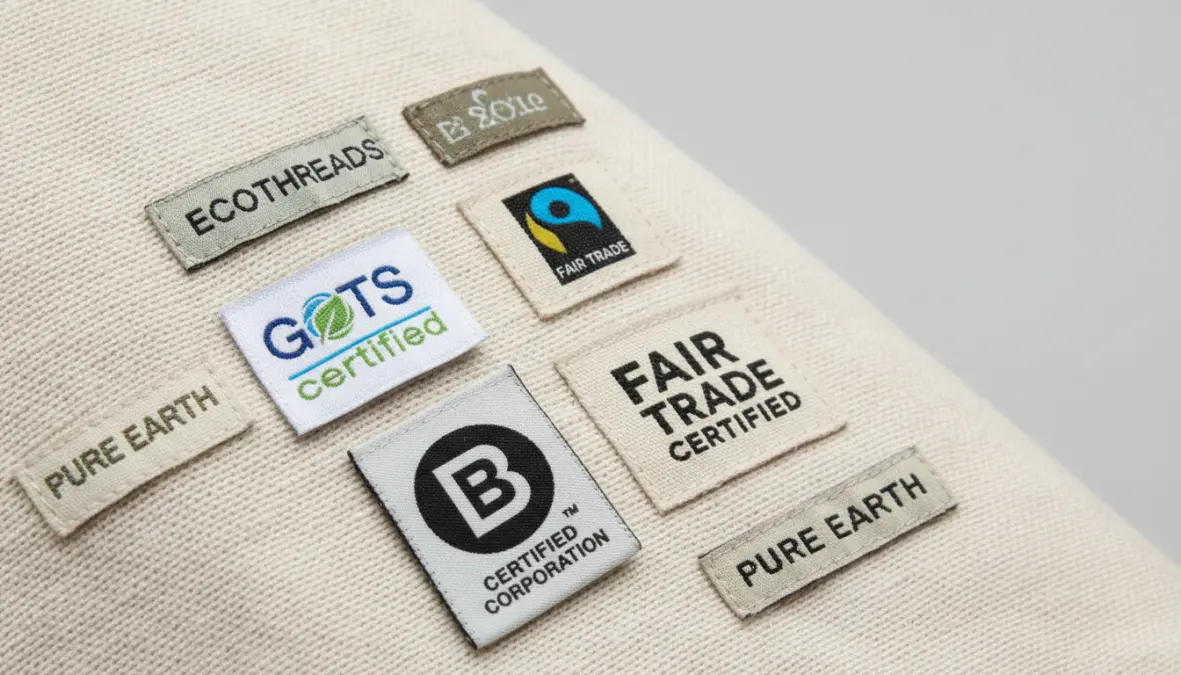 Certificazioni GOTS e Fair Trade su etichette di brand etici di abbigliamento sostenibile