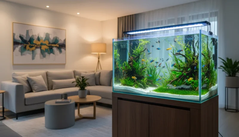 Acquario tropicale d'acqua dolce in casa con pesci colorati e piante acquatiche