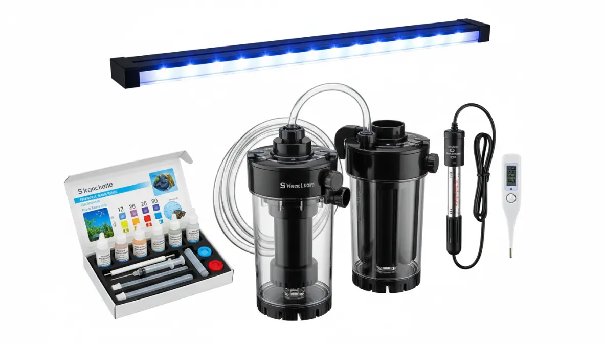 Attrezzatura essenziale per allestire un acquario domestico: filtro, termoriscaldatore e illuminazione LED