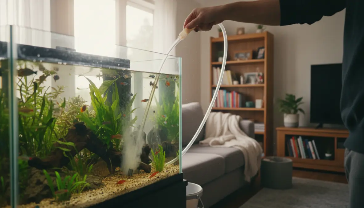 Manutenzione settimanale dell'acquario in casa con cambio parziale dell'acqua