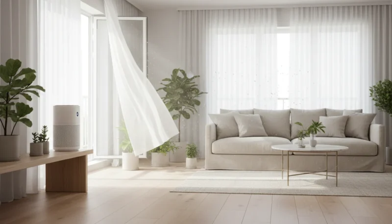 Soggiorno luminoso in primavera con purificatore d'aria per ridurre allergie casa primavera