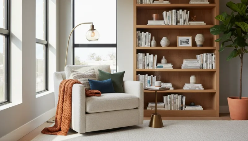 Accogliente angolo lettura in casa con poltrona comoda, libreria e illuminazione naturale