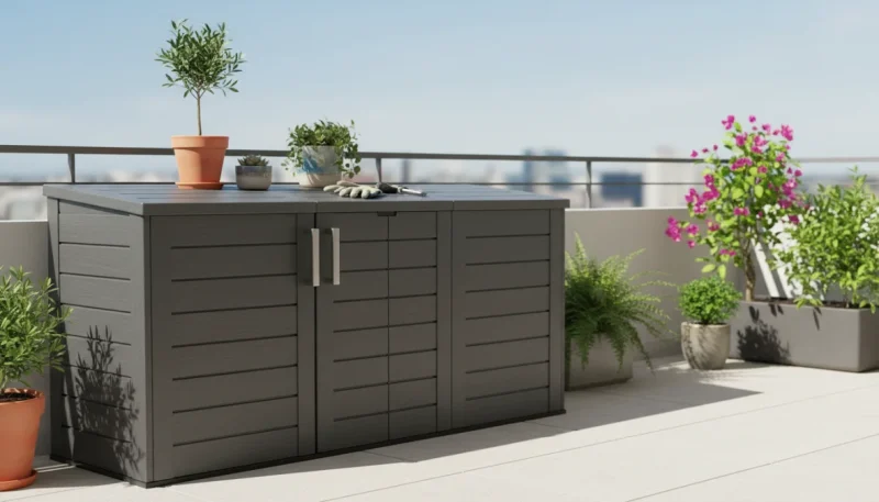Armadio da esterno in resina posizionato su balcone moderno con attrezzi da giardinaggio