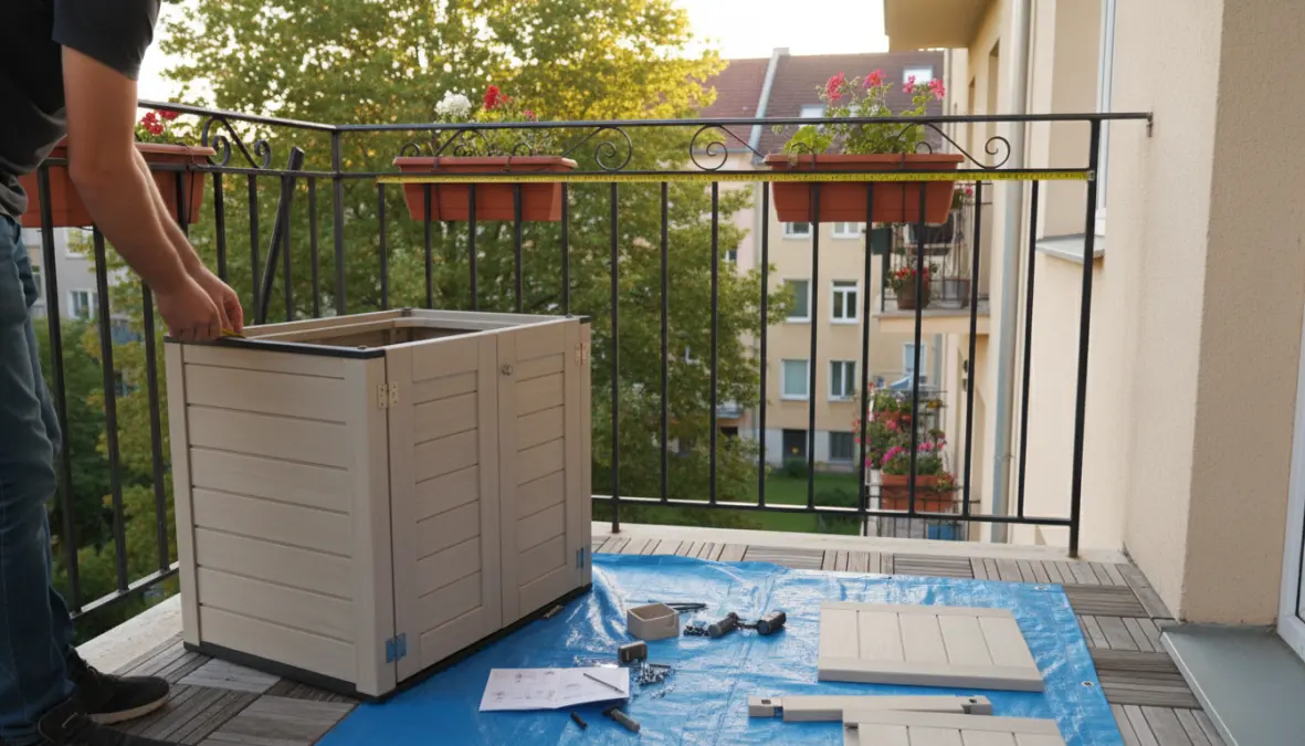 Misurazione spazio per armadio da esterno salvaspazio su balcone piccolo