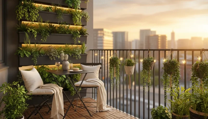 Balcone piccolo arredato con mobili salvaspazio, piante verticali e illuminazione accogliente