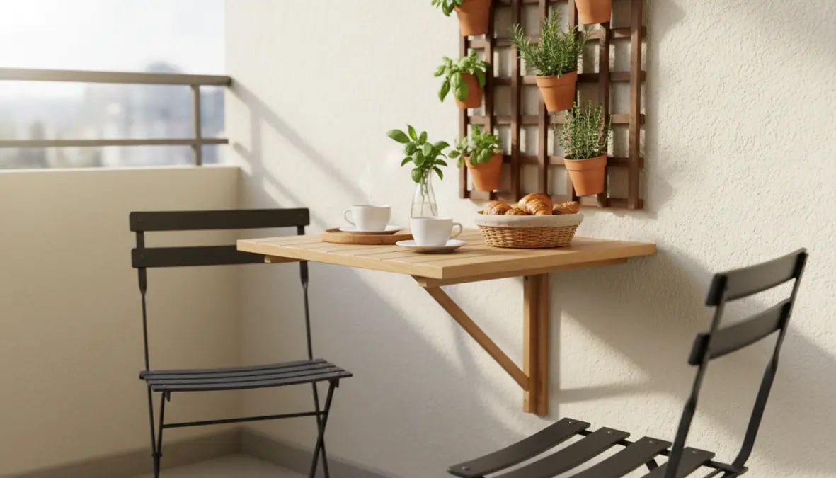 Tavolo pieghevole a muro e sedie salvaspazio per balcone piccolo con giardino verticale