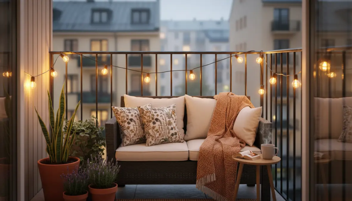 Illuminazione LED e tessuti decorativi creano atmosfera su balcone piccolo design