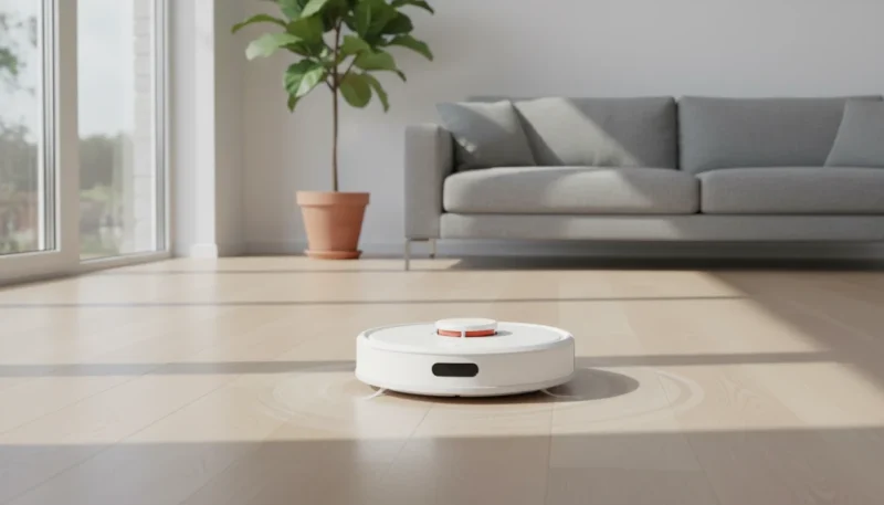 Aspirapolvere robot moderno che pulisce pavimento in soggiorno luminoso
