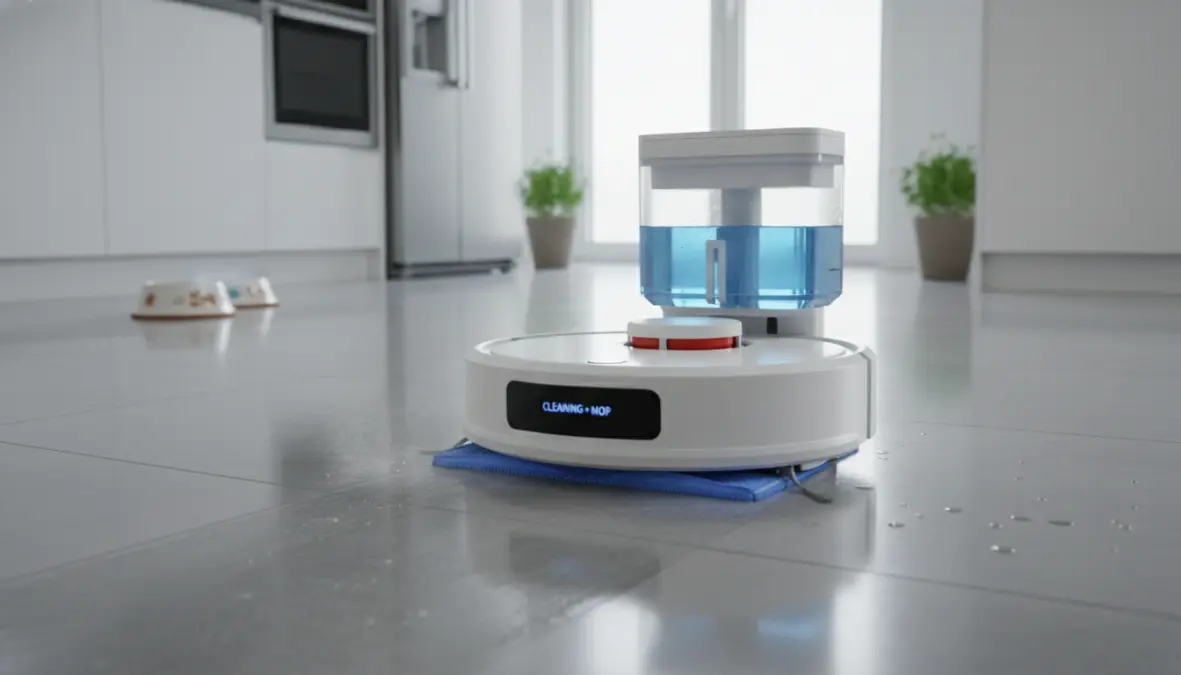 Robot lavapavimenti in azione che aspira e lava pavimento contemporaneamente