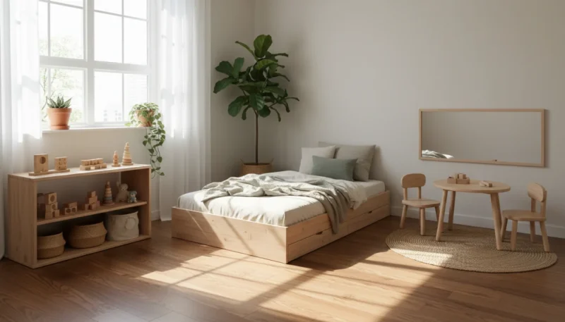 Cameretta Montessori moderna con letto basso, mobili a misura di bambino e materiali naturali