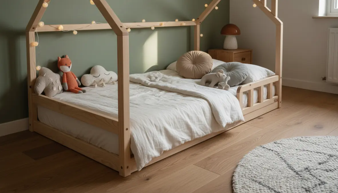 Letto Montessori basso a forma di casetta in legno naturale per cameretta bambini