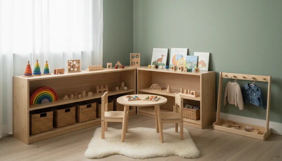 Scaffali bassi e mobili Montessori organizzati a misura di bambino con giocattoli accessibili
