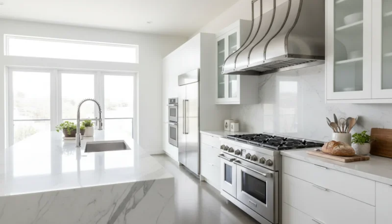 Cappa cucina moderna installata sopra piano cottura in cucina contemporanea