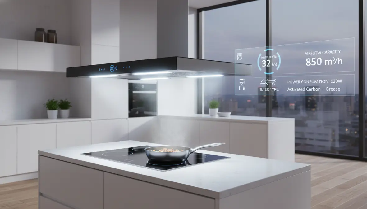 Cappa cucina silenziosa con illuminazione LED e indicatori di portata e rumorosità