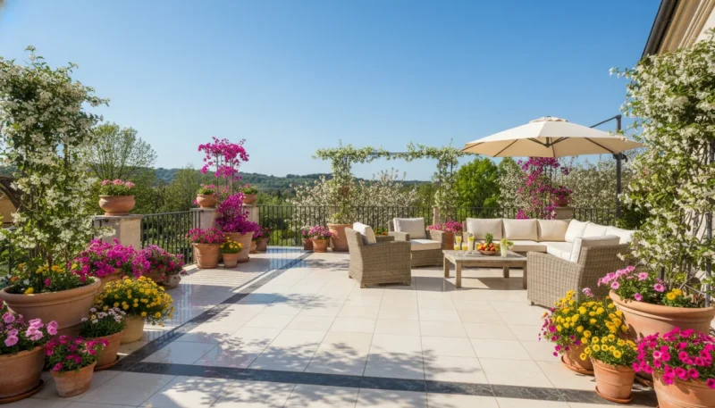 Terrazzo pulito e preparato per la primavera con piante fiorite e arredo outdoor