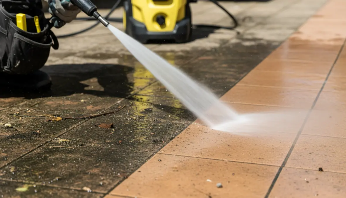 Pulizia profonda del pavimento del terrazzo con idropulitrice in primavera