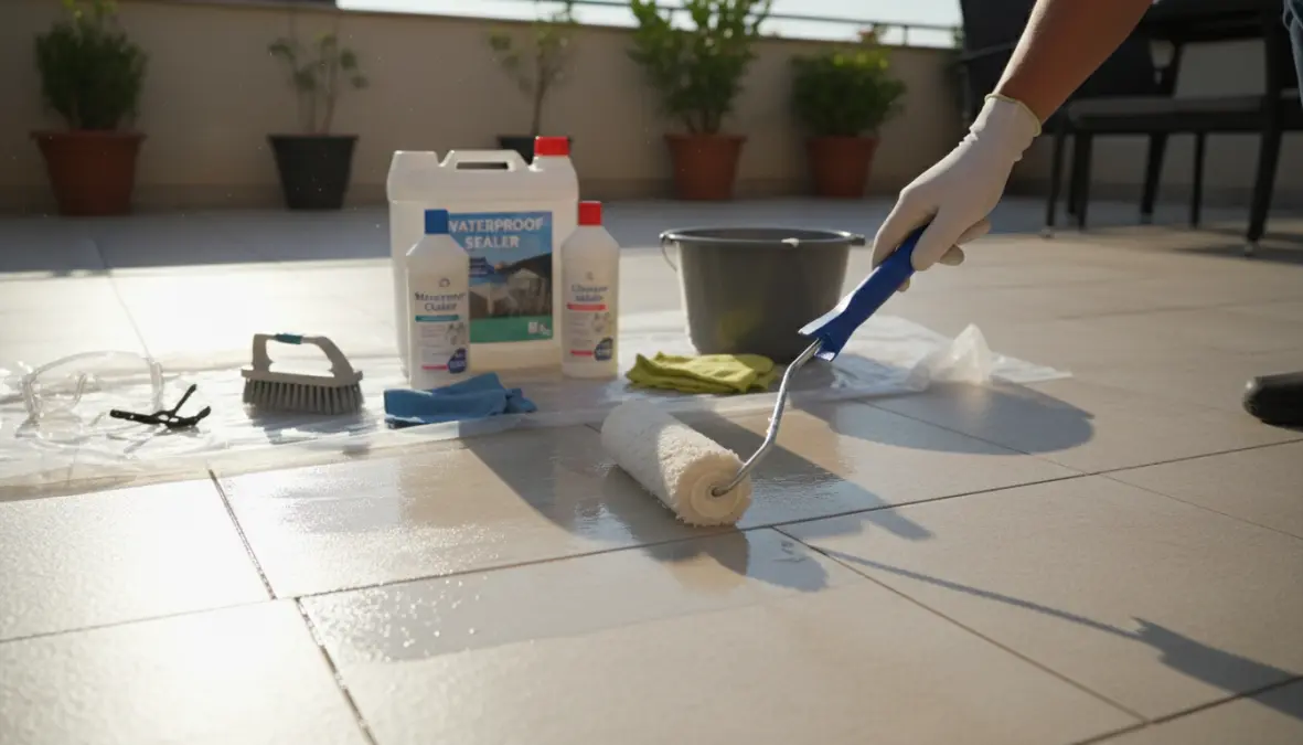 Applicazione trattamento impermeabilizzante su pavimentazione terrazzo per manutenzione primaverile
