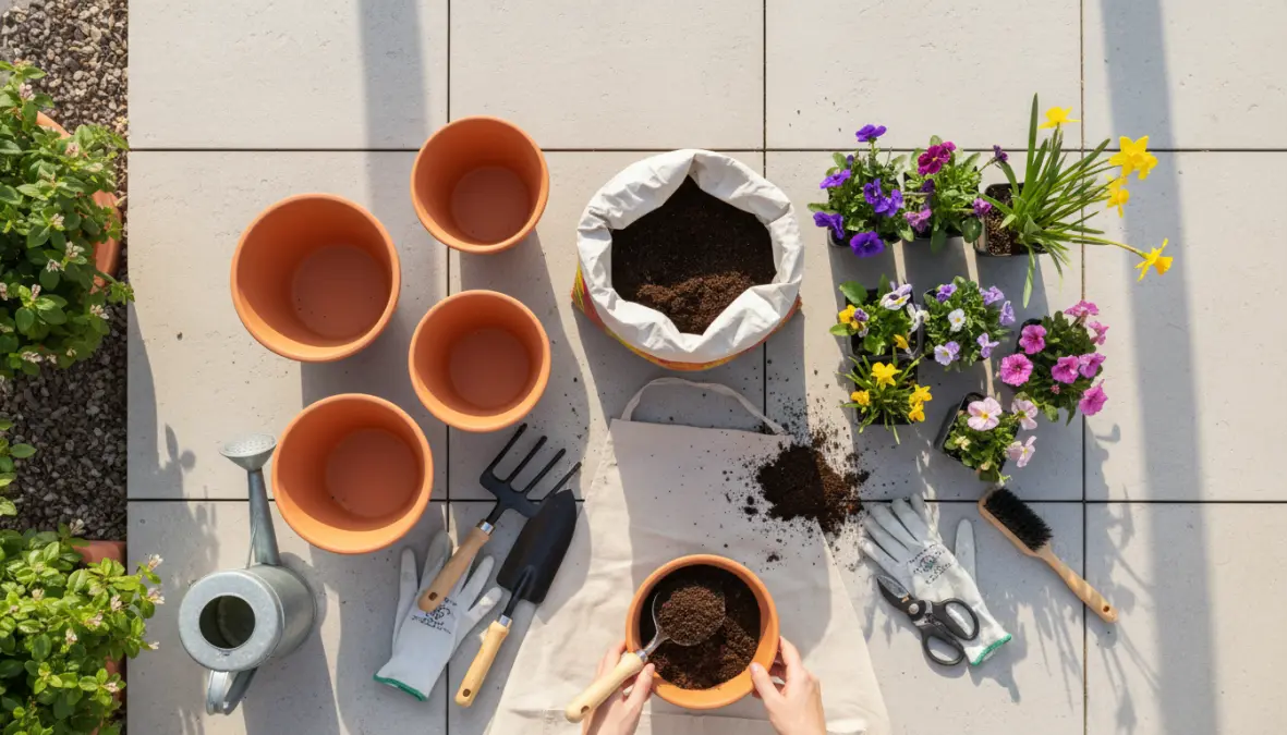 Rinvaso piante e preparazione fioriere per il terrazzo in primavera