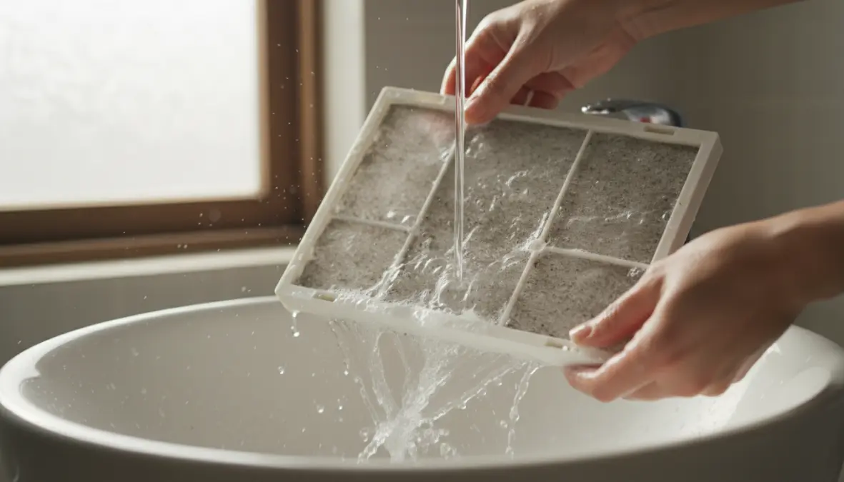 Pulizia filtro condizionatore sotto acqua corrente con sapone neutro