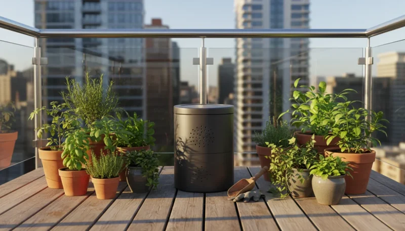 Compostiera da balcone compatta in ambiente urbano con piante e vasi
