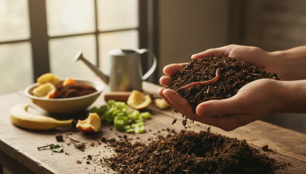Humus maturo prodotto da compostiera domestica con scarti cucina