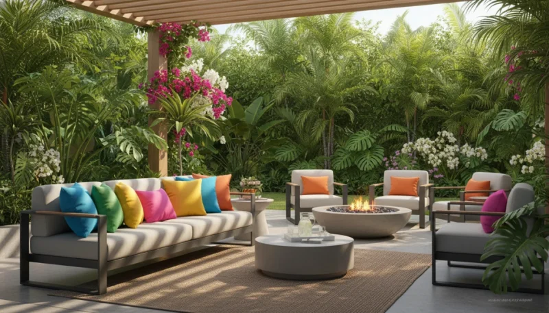 Elegante divano da giardino con cuscini per esterni resistenti e colorati in uno spazio living outdoor