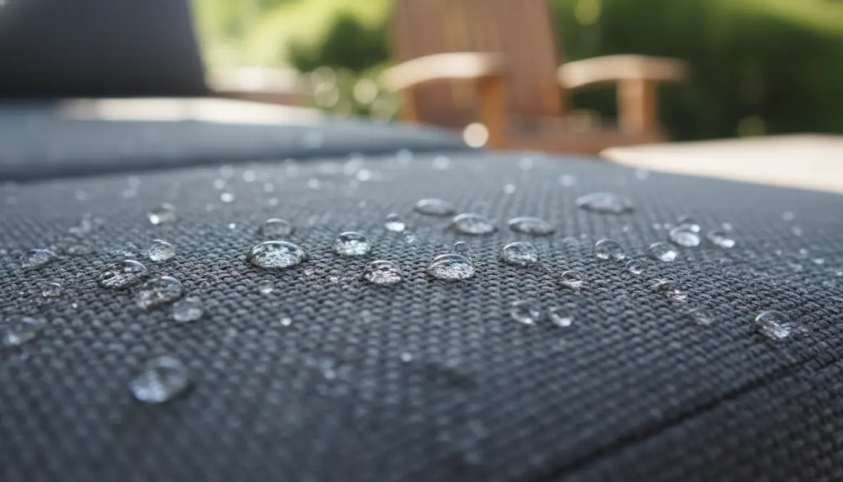 Dettaglio tessuto impermeabile per cuscini esterni con gocce d'acqua che scivolano sulla superficie
