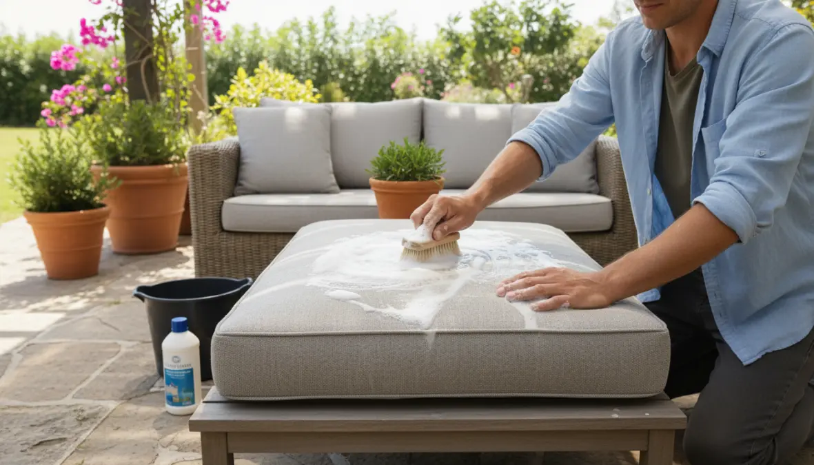 Pulizia e manutenzione di cuscini da esterno lavabili con spazzola e detergente