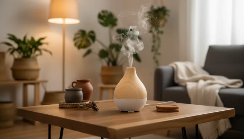 Diffusore oli essenziali ultrasuoni in ambiente domestico moderno con vapore