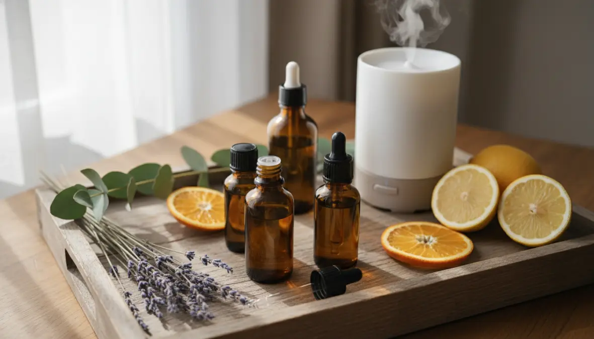 Oli essenziali naturali per aromaterapia domestica e benessere con diffusore