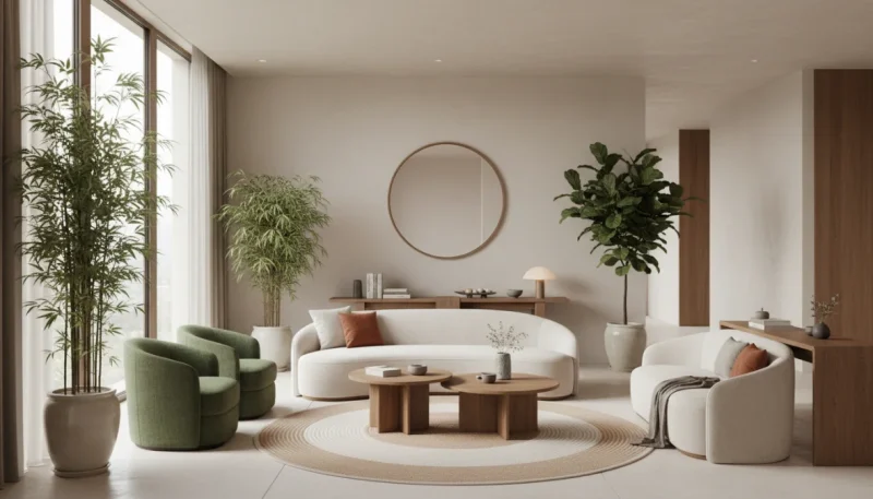 Soggiorno arredato secondo i principi del feng shui casa con mobili disposti armoniosamente e piante naturali