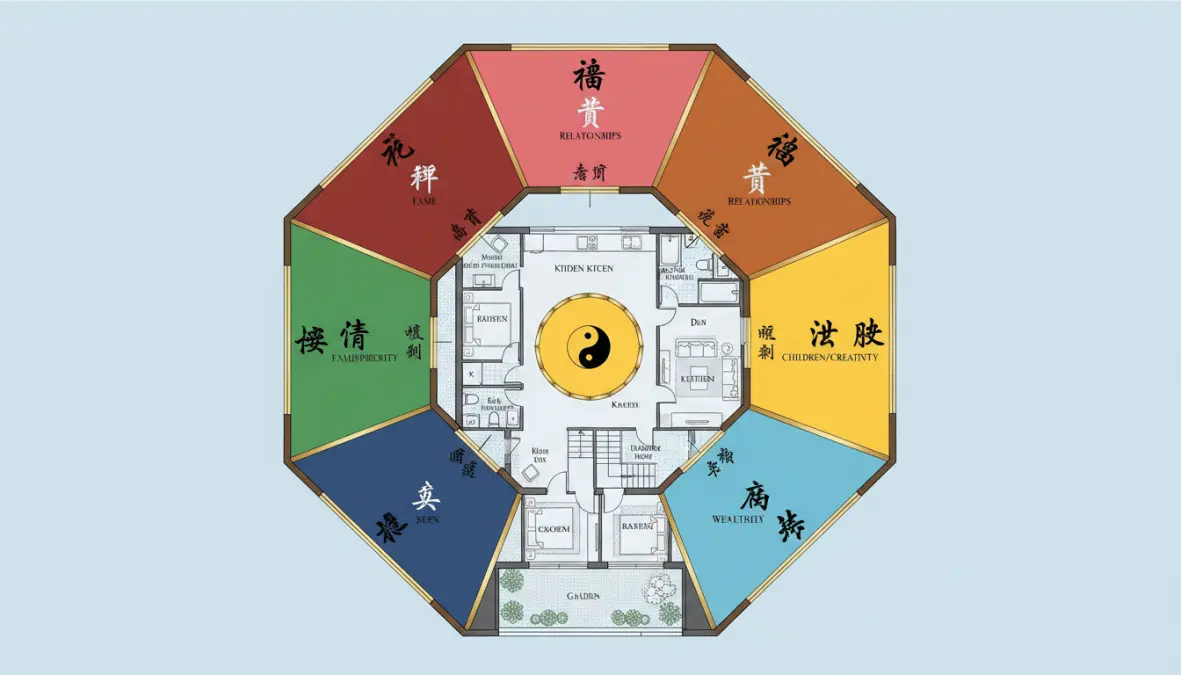 Mappa bagua feng shui sovrapposta alla planimetria di una casa per identificare le zone energetiche