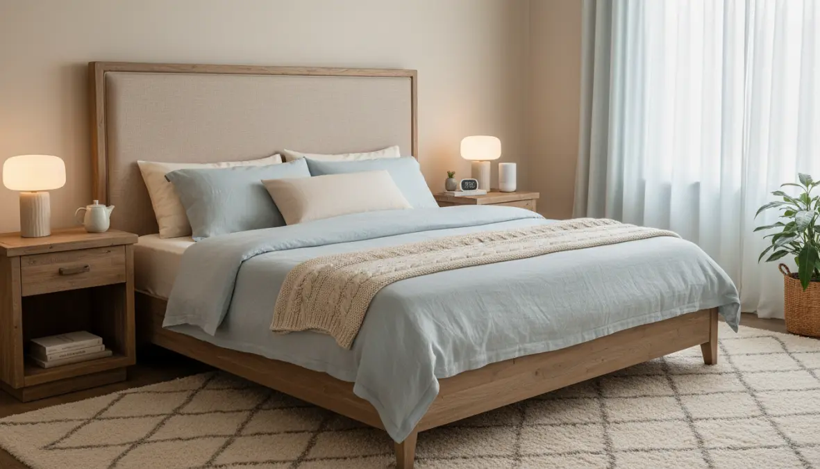 Camera da letto feng shui con letto in posizione corretta e colori rilassanti secondo i principi orientali