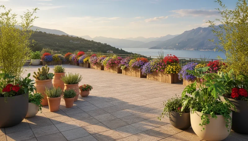 Fioriere da esterno di diversi materiali e stili disposte su terrazzo con piante ornamentali