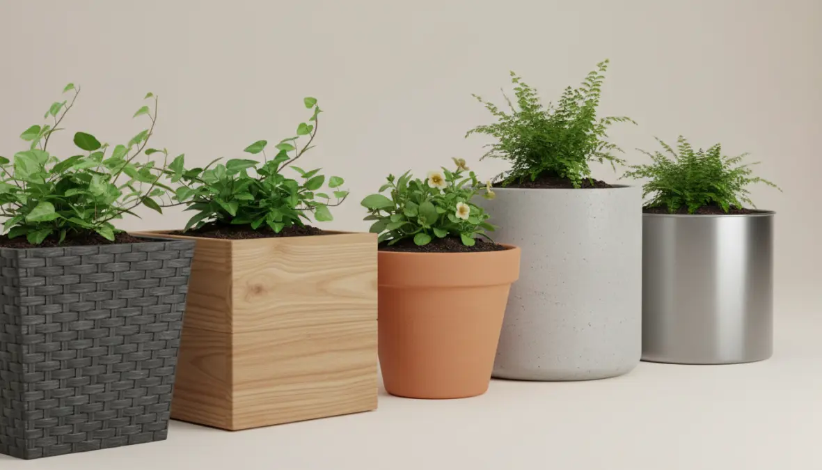 Confronto tra diversi materiali per fioriere da esterno: resina, legno, terracotta, cemento e metallo