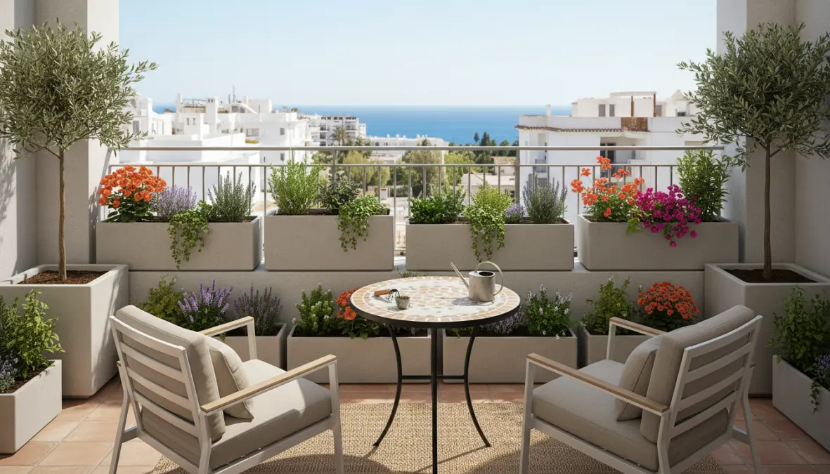 Fioriere da balcone di diverse dimensioni con piante ornamentali e aromatiche su terrazzo moderno