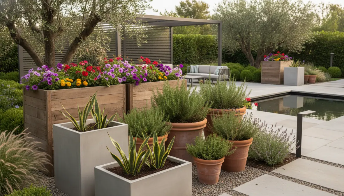 Composizione di fioriere esterno moderne e classiche con diversi stili di design per arredo giardino