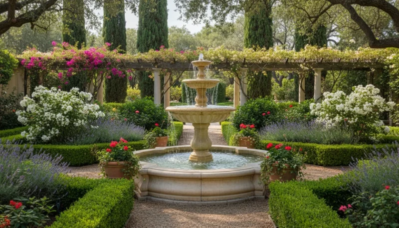 Elegante fontana da giardino in pietra con acqua che scorre circondata da piante verdi