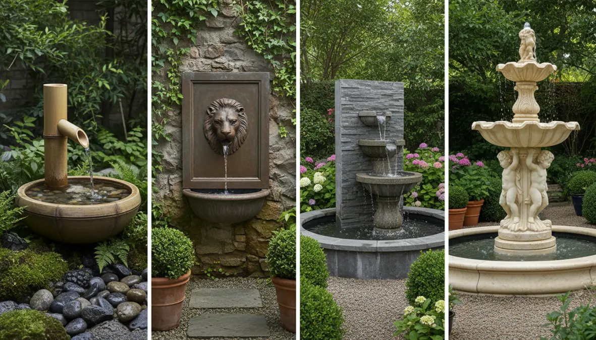 Diverse tipologie di fontane da giardino: zen, a muro, a cascata e tradizionali