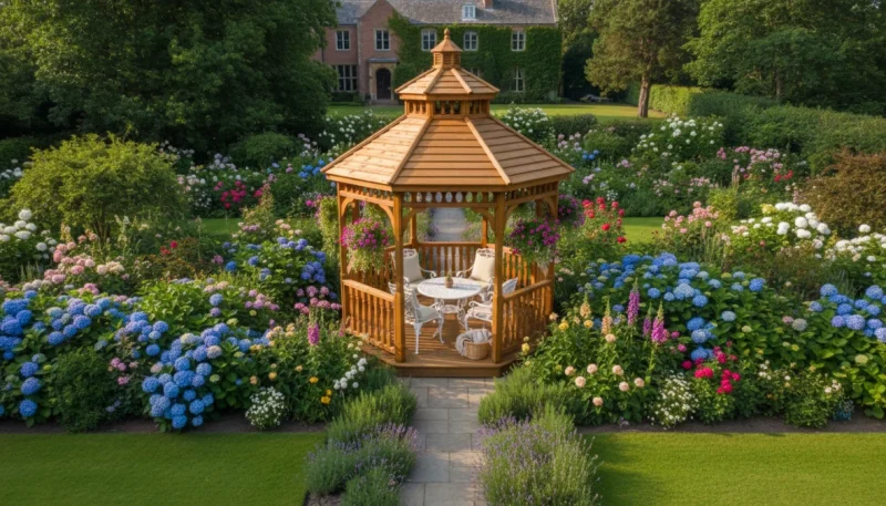 Gazebo da giardino in legno con arredo esterno in uno spazio verde curato