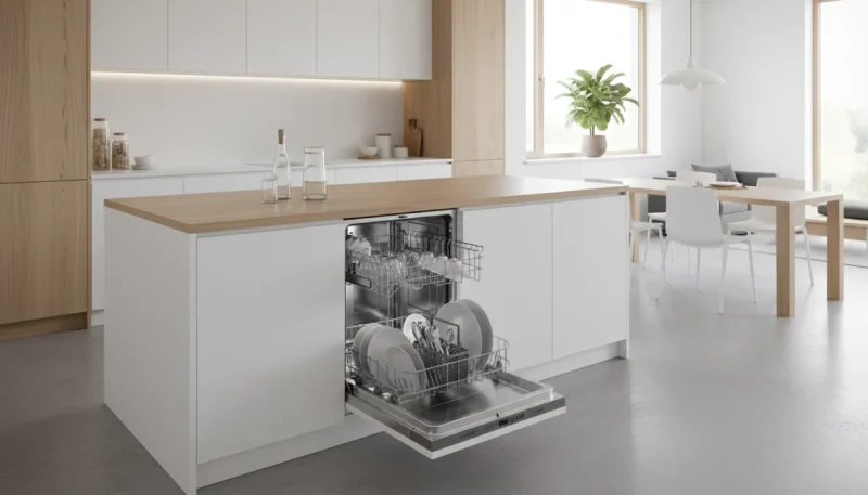 Lavastoviglie integrata in cucina moderna con ante aperte che mostra i cestelli