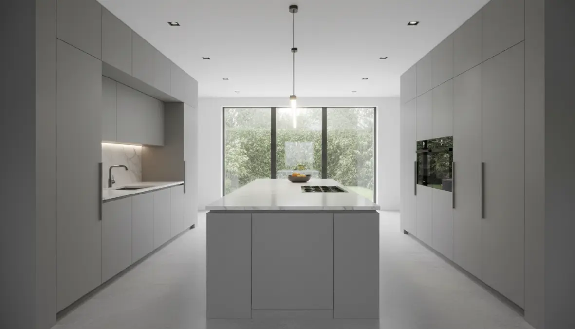 Lavastoviglie a scomparsa totale perfettamente integrata in cucina componibile di design
