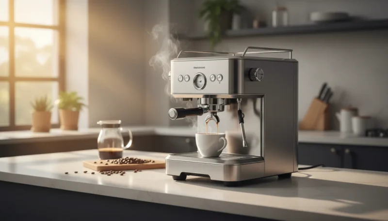 Macchina da caffè moderna su piano cucina che prepara un espresso