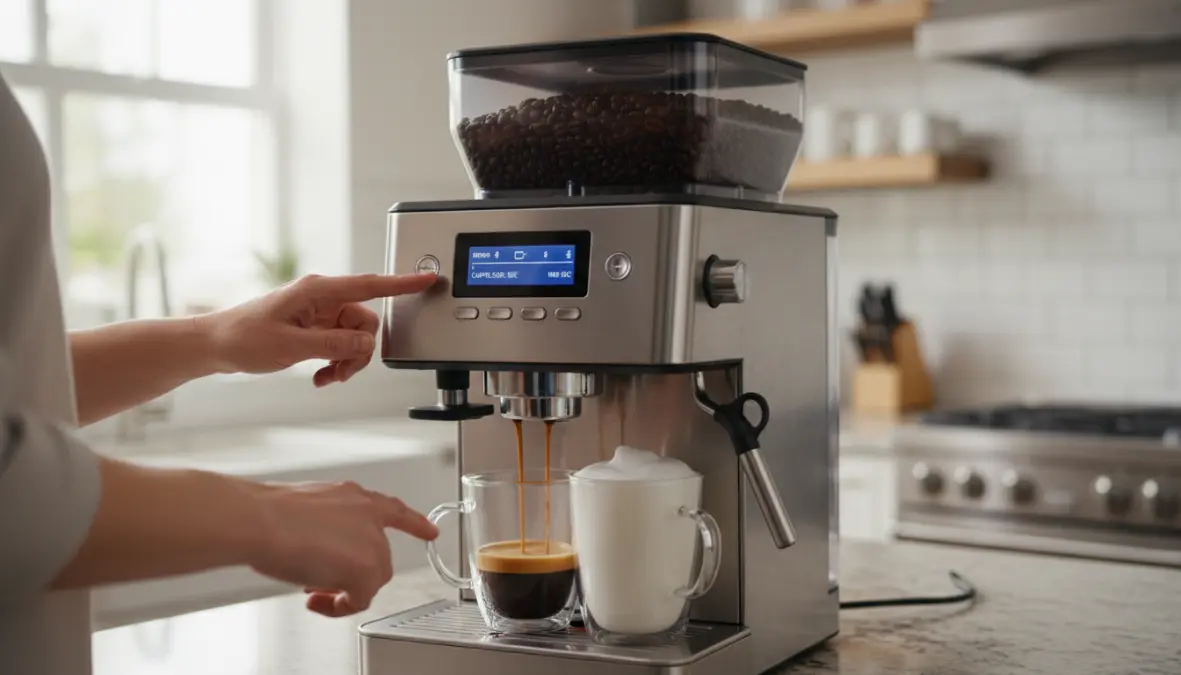 Macchina caffè automatica con macinacaffè integrato che prepara cappuccino