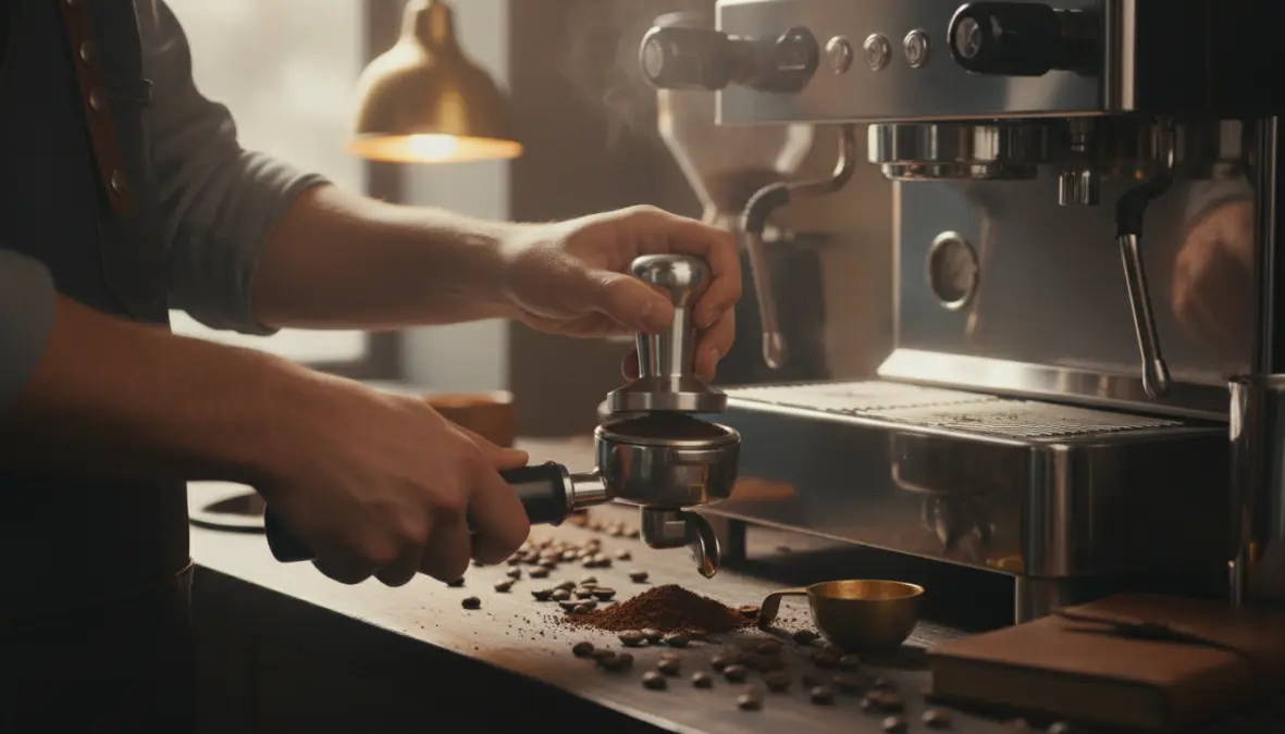 Portafiltro di macchina caffè manuale con caffè macinato fresco pronto per estrazione